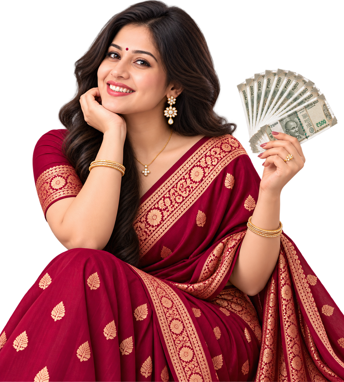 Kalyan Matka presenter in a maroon saree holding rupee notes